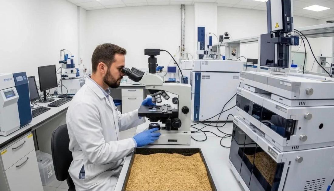 Scientist analyzing feed samples in the quality lab
